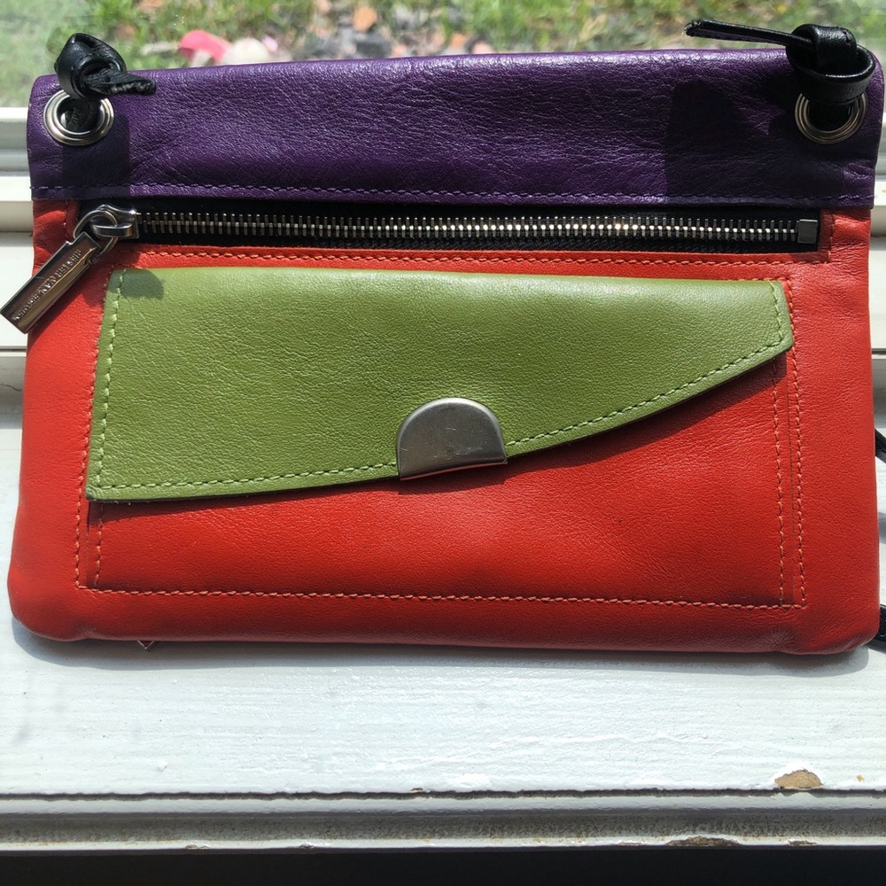 Vibrant Purple and Green Crossbody Bag with Leather Finish